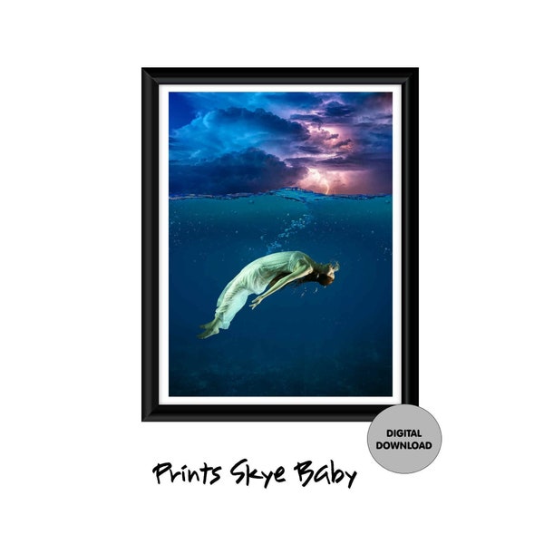 A Printable Print Floating underwater -Black White Wall Art - Free Falling Girl in White Gown Ocean Stormy Sky -Prints Skye Baby