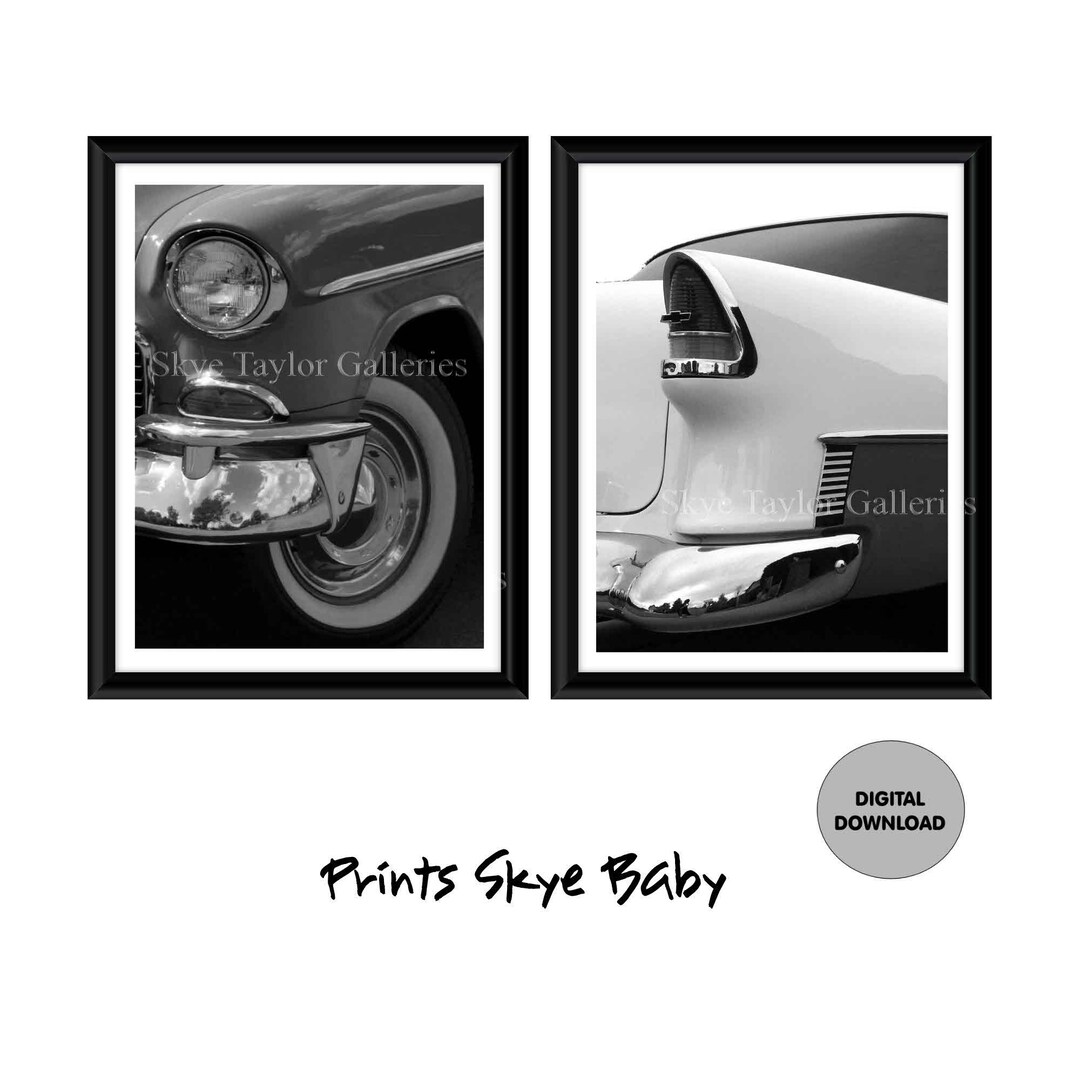 55 Chevy Bel Aire Vintage Car Print Set Black and White Car Buff Gift