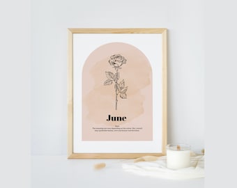June Rose Birthflower Wall Art prints | Boho Minimalist home decor | Digital Instant Download Print