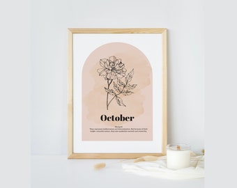 October Marigold Birthflower Wall Art prints | Boho Minimalist home decor | Digital Instant Download Print