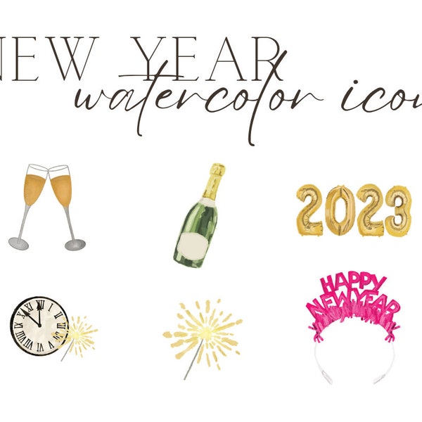 New Years Watercolor Illustration NYE Foil Headband New Years Digital Download Watercolor Icons 2023 New Year's Eve Watercolor Stickers Tags