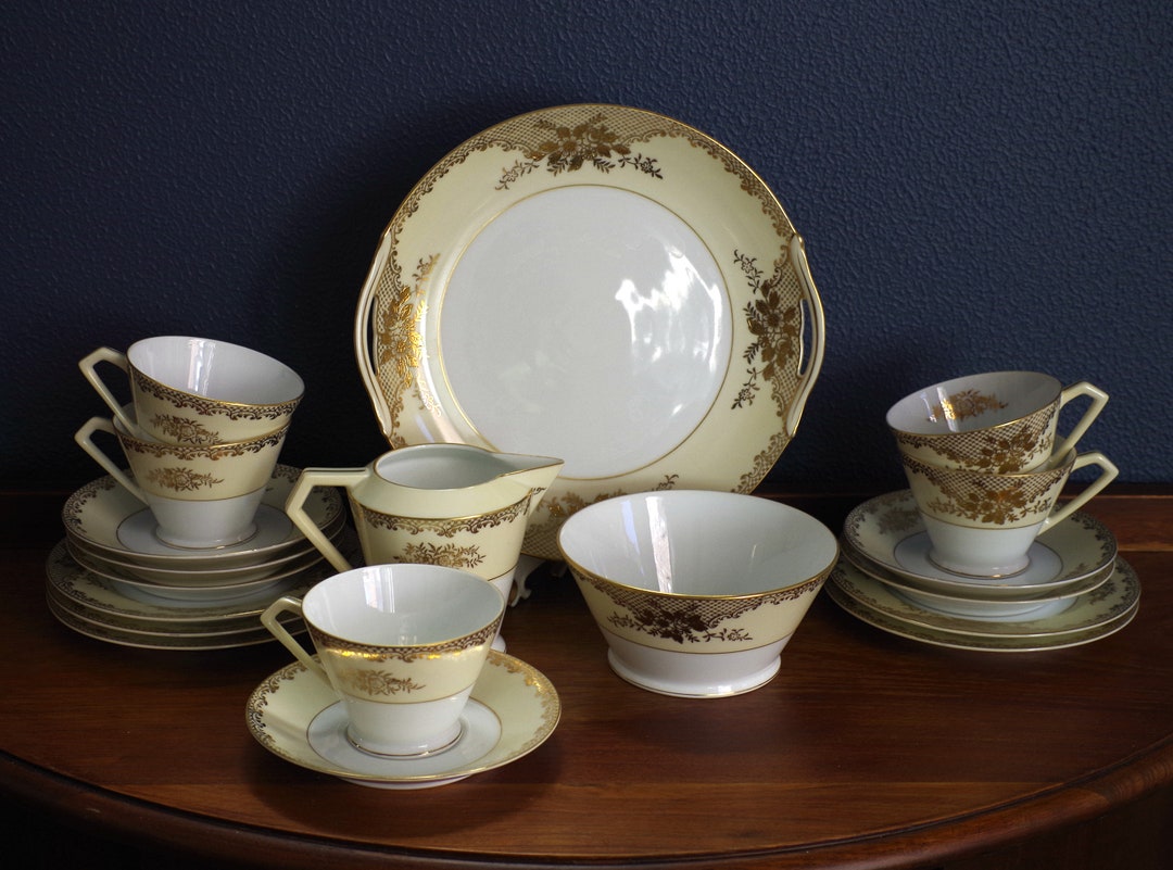 Antique Noritake Tea Set in Gold Encrustation Floral and Lattice
