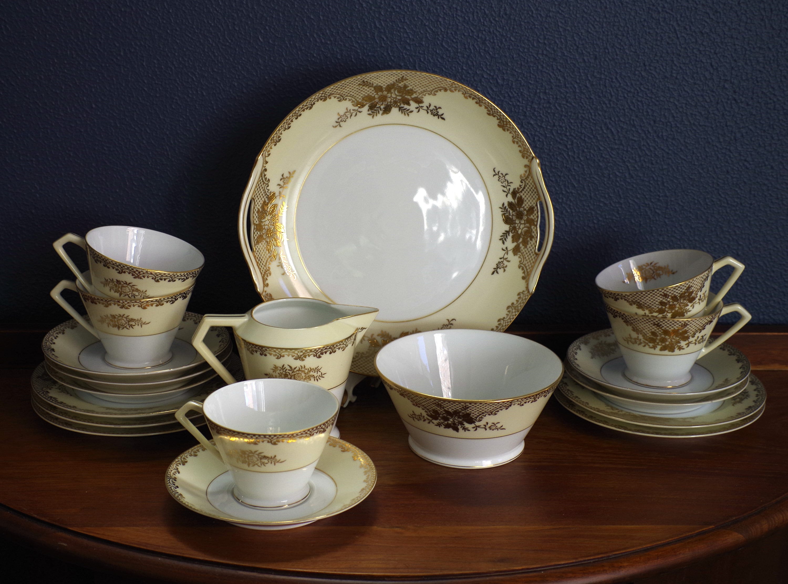 Antique Noritake Tea Set in Gold Encrustation Floral and Lattice