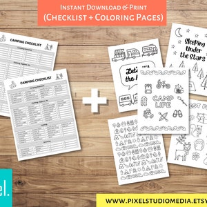 Printable Camping Packing Organize Checklist & Coloring Sheets - Instant Download PDF