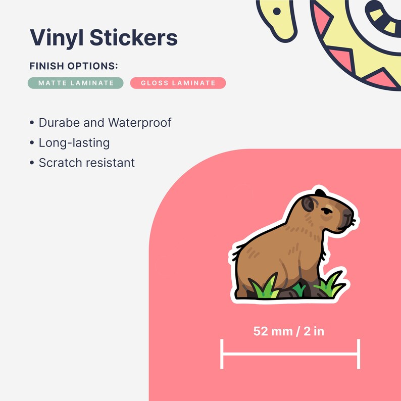 May include: Vinyl sticker of a brown capybara sitting in green grass. The sticker is 2 inches in diameter. The sticker is available in matte or gloss laminate.
