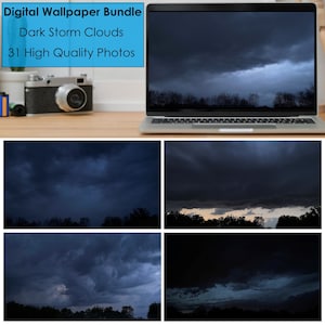 May include: A laptop computer displaying a digital wallpaper bundle of 31 high-quality photos of dark storm clouds. The text "Digital Wallpaper Bundle" is in a blue box at the top of the image. The text "Dark Storm Clouds" is in a blue box below the first line of text. The text "31 High Quality Photos" is in a blue box below the second line of text. The laptop is on a wooden table with a vintage camera and film canisters in the background.