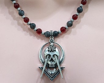Gothic Silver Skull Necklace - Labradorite + Red Glass