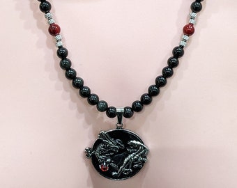 Dragon vs Tiger Necklace - Obsidian + Red Acrylic