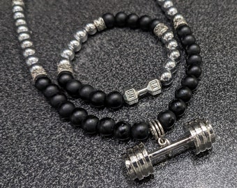 Gym Dumbbell Necklace + Bracelet Matching Set