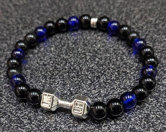 Blue Glass + Obsidian Dumbbell Bracelet