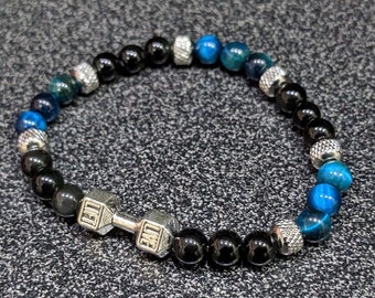 Teal Tiger Eye + Obsidian Dumbbell Bracelet