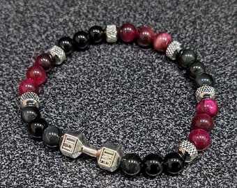 Pink Tiger Eye + Obsidian Dumbbell Bracelet