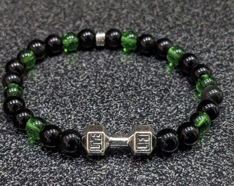 Green Glass + Obsidian Dumbbell Bracelet
