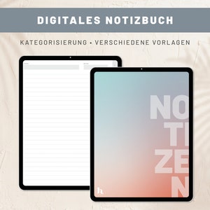 Könnte beinhalten: Zwei digitale Tablet-Bildschirme, einer mit weißem Hintergrund und liniertem Papier, der andere mit einem Farbverlaufshintergrund und dem Wort "NOTIZEN" in weißem Text.