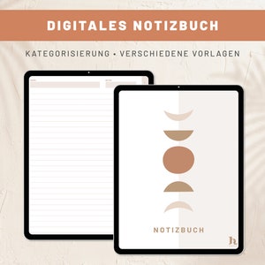 Könnte beinhalten: Zwei digitale Notizbuchvorlagen auf einem Tablet-Bildschirm. Die linke Vorlage ist eine linierte Seite. Die rechte Vorlage hat ein minimalistisches Design mit einem braunen Kreis und Halbmondformen.