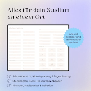 May include: A digital study planner interface featuring a table of contents with sections for annual, monthly, and daily planning, course schedules, exams, assignments, finances, habit tracking, and reflection, with text in German throughout the layout.