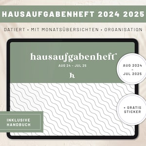 Puede incluir: Un planificador digital verde y blanco con el texto "hausaufgabenheft" y "AUG 24 - JUL 25". El planificador tiene un patrón de líneas onduladas e incluye una pegatina gratuita.