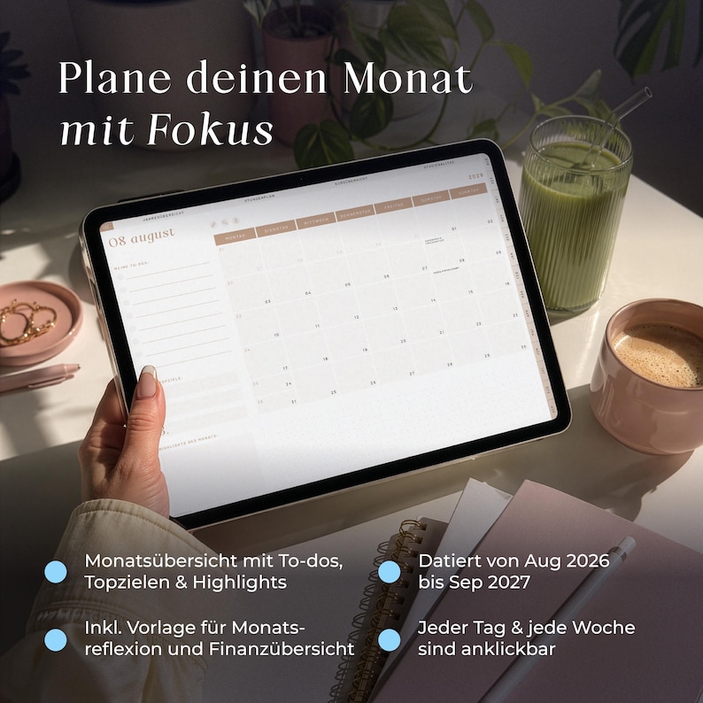 May include: A digital tablet displaying a monthly planner interface for August 2026. The screen shows a calendar grid, a to-do list section, and navigation tabs. The text on the screen includes '08 august' and various German labels for planning, goals, and financial tracking.