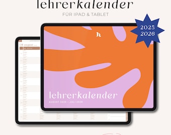 May include: A digital planner for teachers, with a pink and orange abstract design. The planner is for iPad and tablet use and covers August 2025 to July 2026. The text "lehrerkalender" is displayed on the screen. The text "FÜR EINEN KLAREN FOKUS." is displayed below the screen.