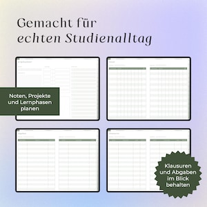 Puede incluir: Un planificador de estudios digital mostrado en cuatro pantallas con fondos blancos y encabezados verde salvia. El texto dice Gemacht f&uuml;r echten Studienalltag, Noten, Projekte und Lernphasen planen, y Klausuren und Abgaben im Blick behalten. Los dise&ntilde;os incluyen rastreadores de proyectos, registros de notas, listas de tareas y calendarios de ex&aacute;menes.