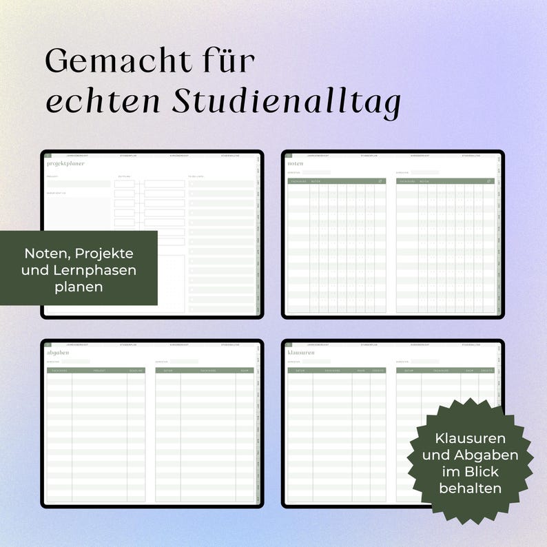 Puede incluir: Un planificador de estudios digital mostrado en cuatro pantallas con fondos blancos y encabezados verde salvia. El texto dice Gemacht f&uuml;r echten Studienalltag, Noten, Projekte und Lernphasen planen, y Klausuren und Abgaben im Blick behalten. Los dise&ntilde;os incluyen rastreadores de proyectos, registros de notas, listas de tareas y calendarios de ex&aacute;menes.