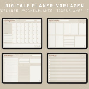 Puede incluir: Cuatro plantillas de planificador digital sobre un fondo beige. Las plantillas son para la planificación mensual, semanal, diaria y de lista de tareas. Las plantillas están en un estilo minimalista con un fondo beige y texto marrón.