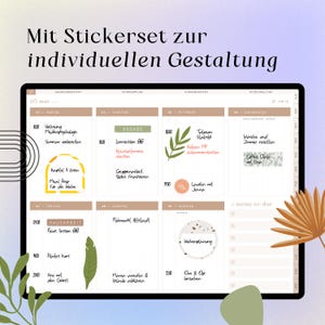 May include: A digital weekly planner interface displayed on a screen, featuring a grid layout with German text entries for daily tasks, appointments, and to-do lists. The planner includes decorative leaf illustrations, colourful sticker elements, and a soft beige and white colour palette.