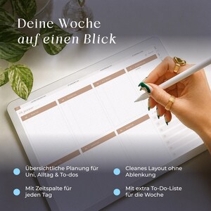 May include: A digital tablet displaying a weekly planner template with the German text 'Deine Woche auf einen Blick' at the top. The screen shows a grid layout with beige headers for days of the week, a dot grid background, and bulleted feature lists.