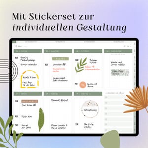Puede incluir: Una interfaz de planificador semanal digital en una pantalla de tableta, con un dise&ntilde;o de cuadr&iacute;cula con encabezados en alem&aacute;n, tareas diarias escritas a mano y elementos decorativos de pegatinas que incluyen hojas, un arco amarillo y un patr&oacute;n de terrazo.