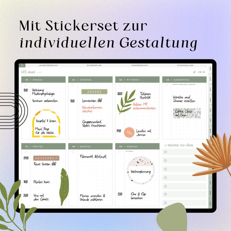 Puede incluir: Una interfaz de planificador semanal digital en una pantalla de tableta, con un dise&ntilde;o de cuadr&iacute;cula con encabezados en alem&aacute;n, tareas diarias escritas a mano y elementos decorativos de pegatinas que incluyen hojas, un arco amarillo y un patr&oacute;n de terrazo.