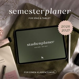 Digital semester planner German 2026 27 · Digital study planner · Aug 2026 - Sep 2027 · Goodnotes, XODO, iPad · Student planner NATURE