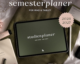 Digital semester planner German 2026 27 · Digital study planner · Aug 2026 - Sep 2027 · Goodnotes, XODO, iPad · Student planner NATURE