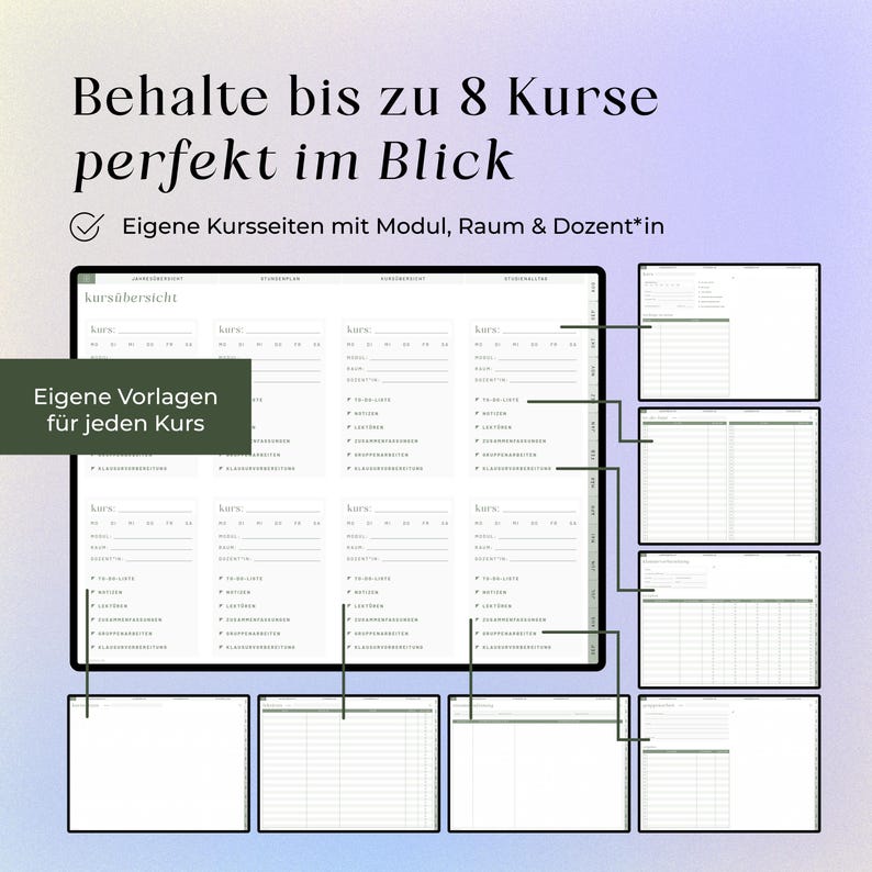 Puede incluir: Una interfaz de planificador estudiantil digital que presenta un dise&ntilde;o de resumen de cursos con ocho secciones para realizar un seguimiento de m&oacute;dulos, aulas e instructores. La pantalla muestra texto en alem&aacute;n, incluyendo 'Behalte bis zu 8 Kurse perfekt im Blick' y 'Eigene Vorlagen f&uuml;r jeden Kurs', con m&uacute;ltiples vistas de subp&aacute;ginas conectadas por l&iacute;neas.