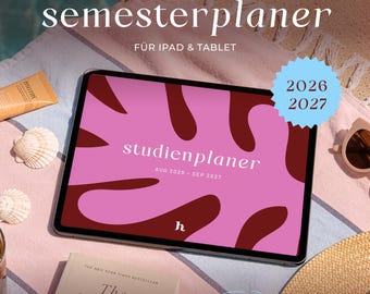 Puede incluir: Un planificador semestral digital para iPad y tableta que se muestra en una pantalla con un patrón de hojas abstracto en rosa y rojo oscuro. El texto dice semesterplaner, studienplaner, AUG 2026 - SEP 2027 y 2026 2027. Se ve un pequeño logo h.