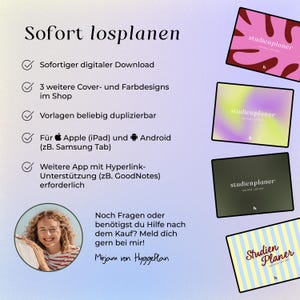 Puede incluir: Un anuncio de planificador digital con cuatro dise&ntilde;os de portada distintos: rosa con formas abstractas oscuras, un degradado amarillo y morado, un verde oscuro s&oacute;lido y rayas verticales amarillas y azules. Todas muestran el texto studienplaner.