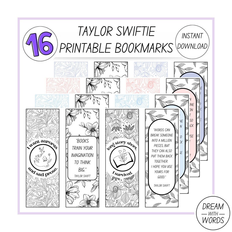 Taylor Swift Printable Bookmarks Instant Download PDF and JPG Etsy