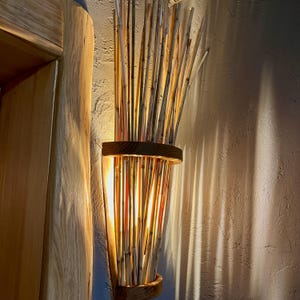 Handcrafted Wood Plug In Wall Sconce | Rustic Oak + Reed Wall Lamp | Earthy Lighting | Cottagecore Decor | Sconce Lighting | Lampshades