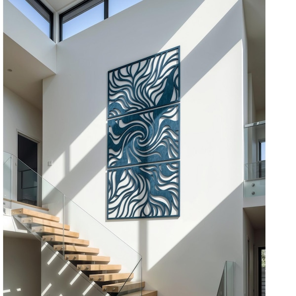 Conjunto de 3 peças de arte de parede em madeira com espiral vertical, decoração para escada, painel abstrato grande em formato de cascata, arte moderna para hall de entrada, design alto e estreito na cor azul.