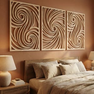 Werveling houten muur kunst set van 3, abstracte oceaangolf decor, groot vloeistofvortexpaneel, modern stroomontwerp, blauwe zen-muur hangen