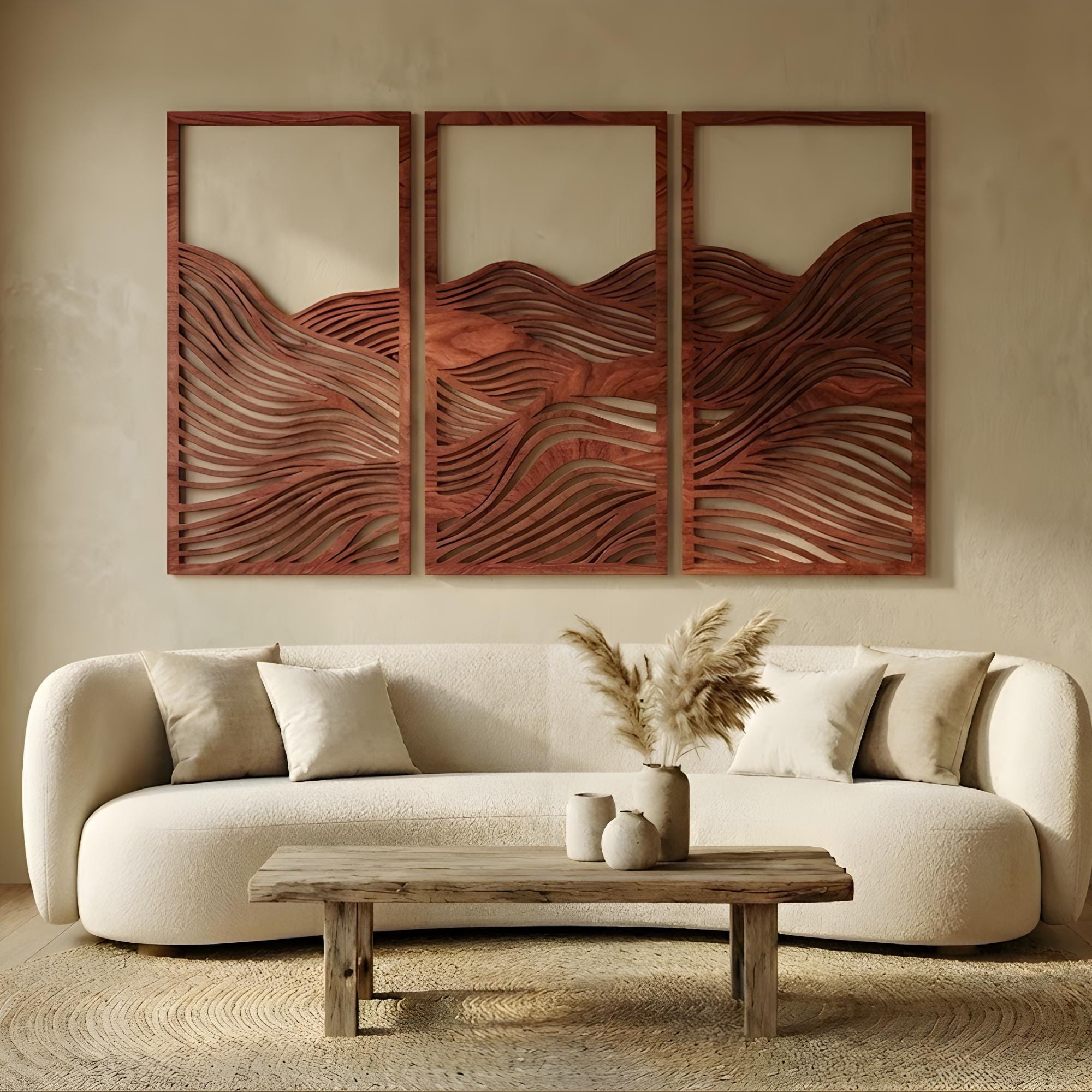 Parametric Wood Wall Art Set of 3, Wavy Headboard, Japandi Wall