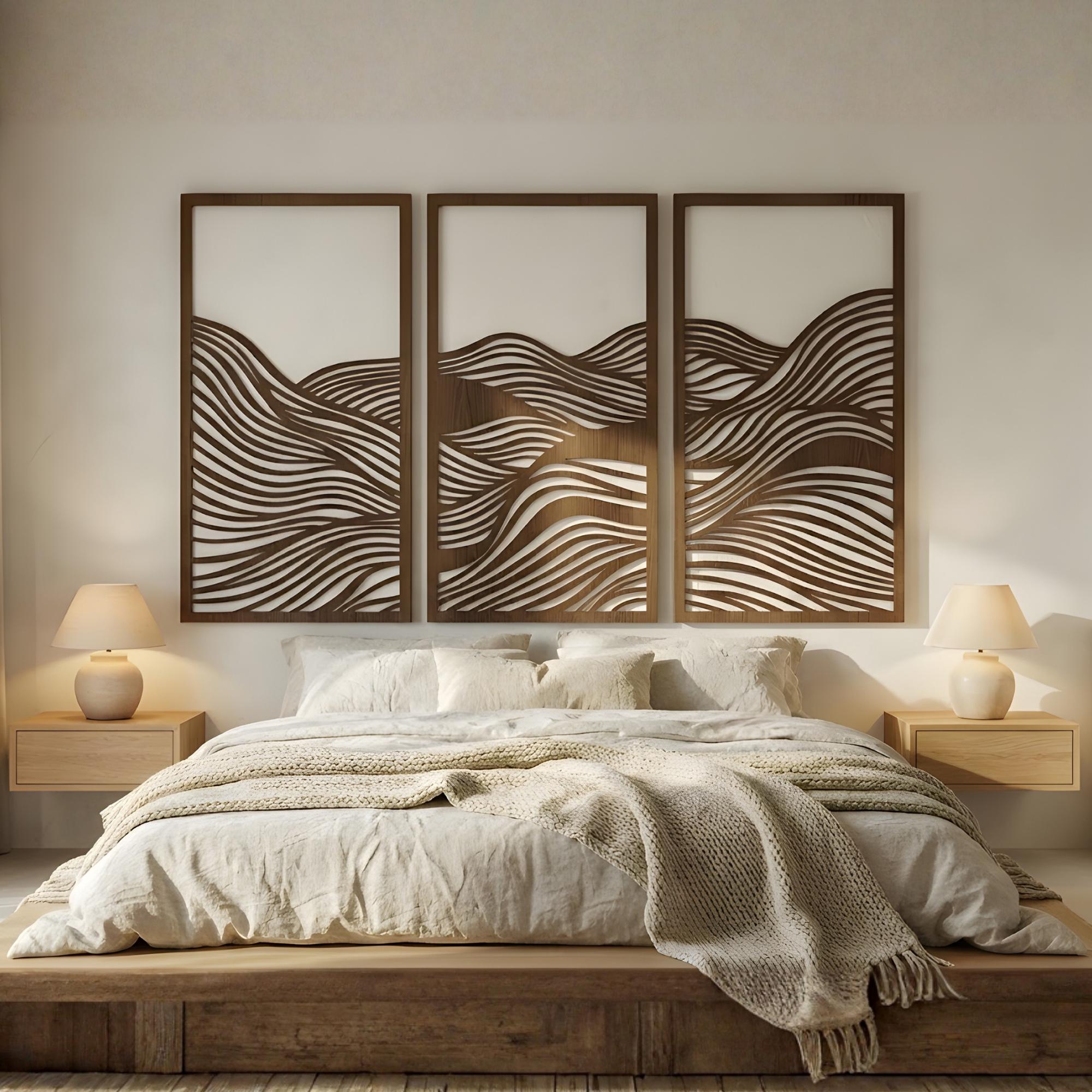 Parametric Wood Wall Art Set of 3, Wavy Headboard, Japandi Wall