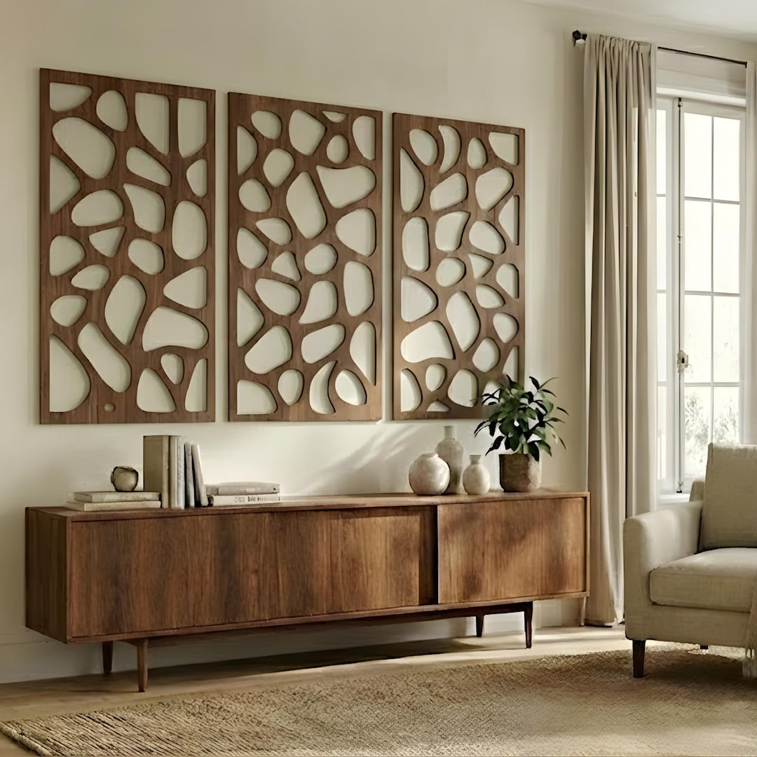 Organic Abstract Wood Wall Art Set of 3, Mid Century Modern Pebble ...