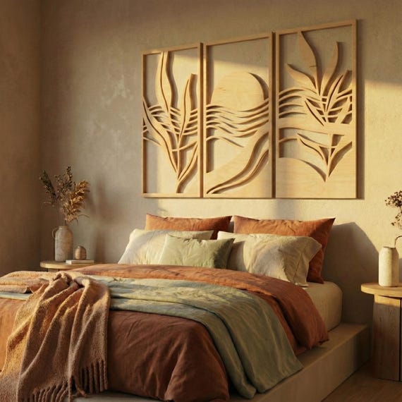 Japandi Wood Wall Art Set of 3, Sunrise Headboard, Monstera Leaf Decor, Mountain Landscape Panel, Biophilic Bedroom Above Bed Art