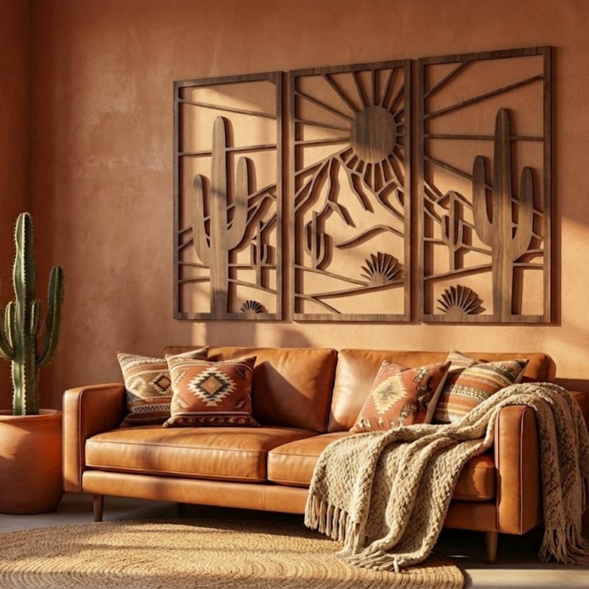 Cactus Wood Wall Art Set of 3, Desert Mountain Wall Decor, Large ...