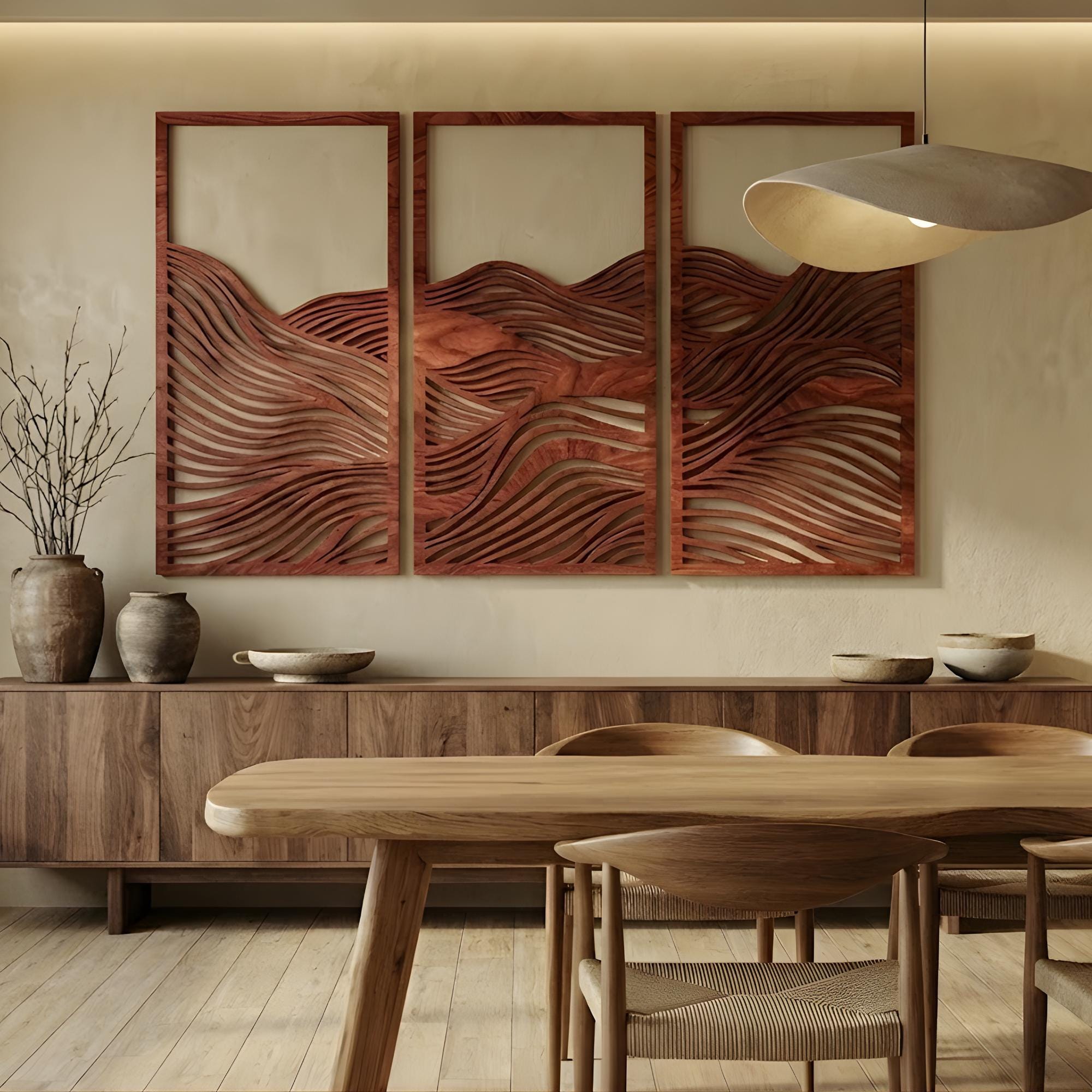 Parametric Wood Wall Art Set of 3, Wavy Headboard, Japandi Wall