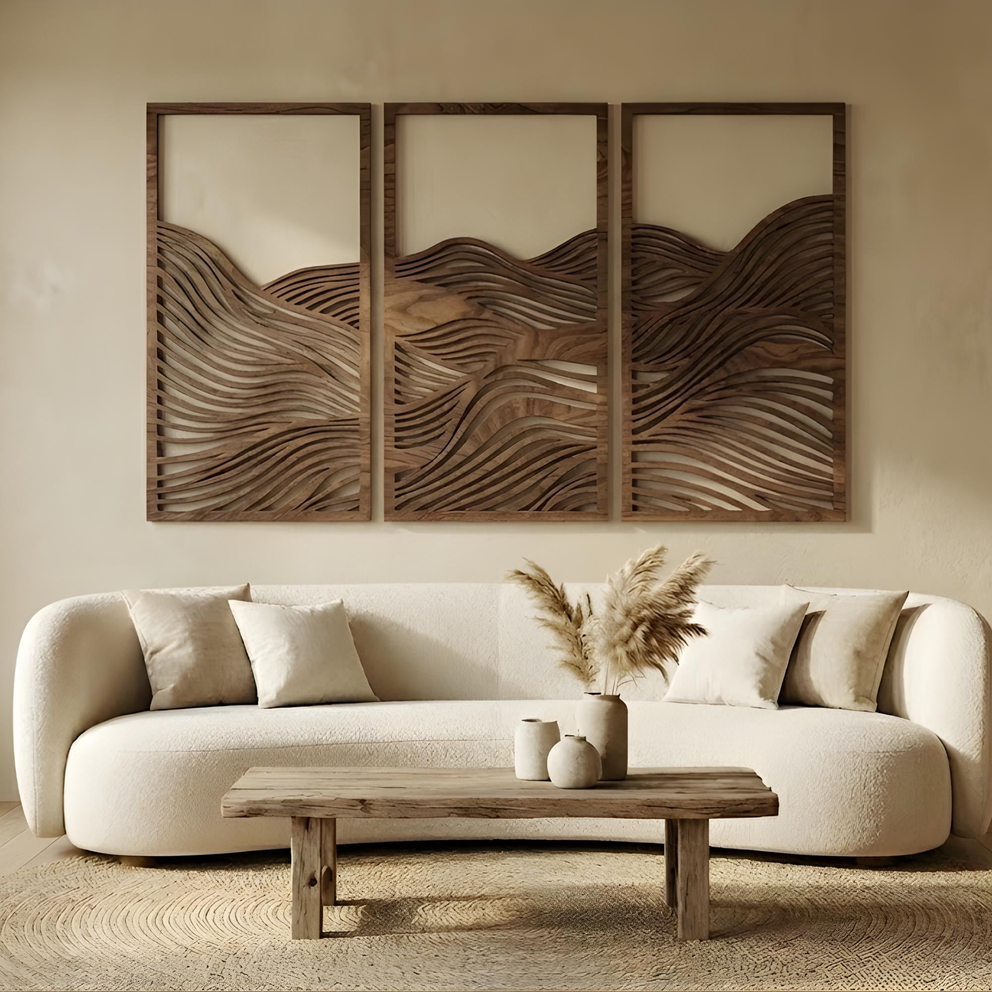 Parametric Wood Wall Art Set of 3, Wavy Headboard, Japandi Wall
