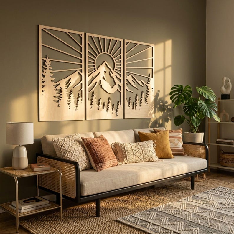 Geometric Pattern Timber Panel Geometric Mountain Wood Wall Art, Modern Cabin 3 Piece Triptych, Baltic ...