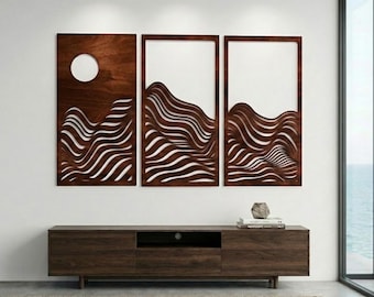 Wood Mountain Wall Art Set of 3, Geometric Line Art Wall Decor, Large Abstract Mountain, Mid Century Modern Above Bed Decor, Living Room