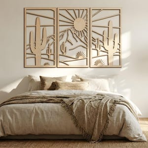 Cactus Wood Wall Art Set of 3, Desert Mountain Wall Decor, Large ...