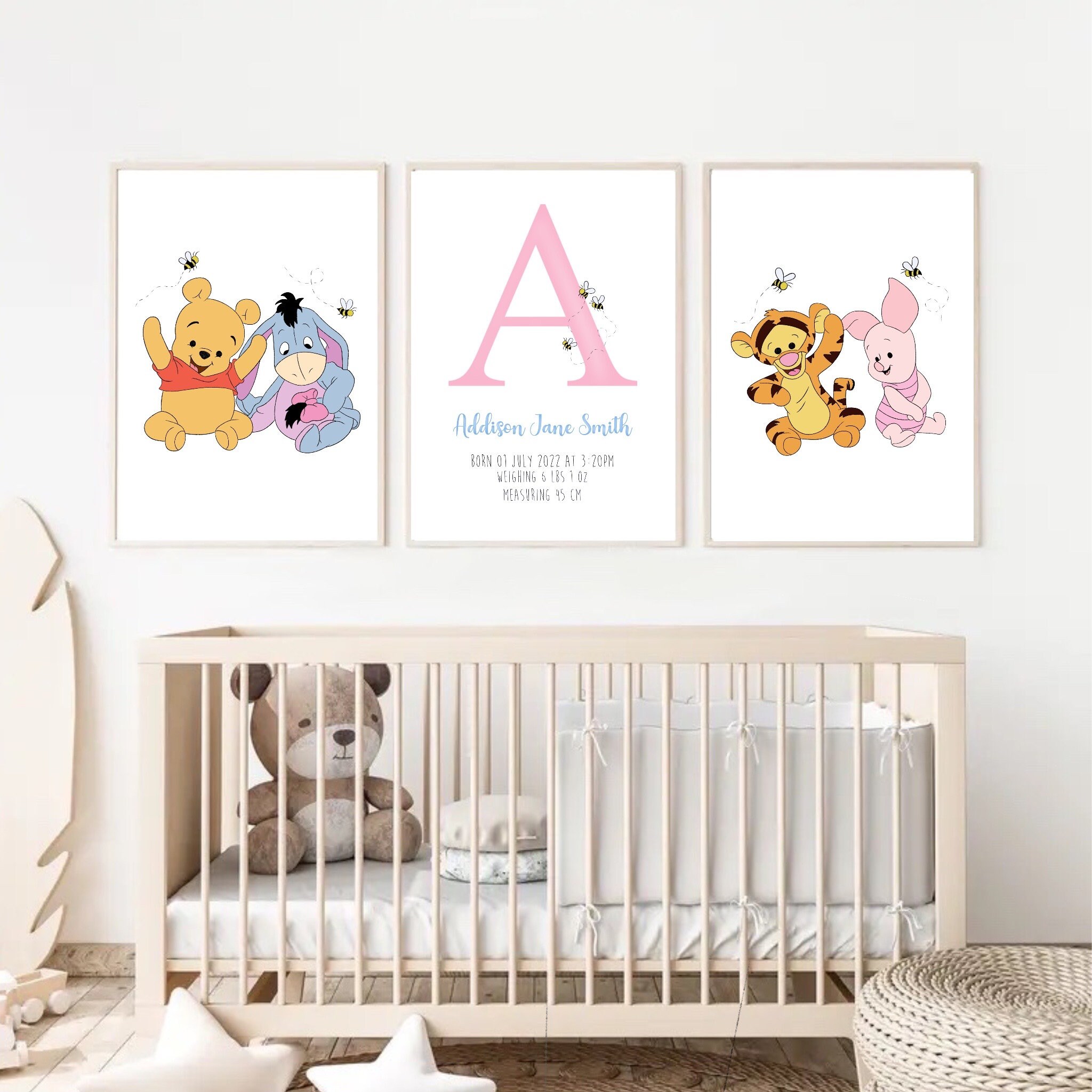 Custom Personalised Baby Winnie the Pooh, Eeyore, Piglet and Tigger with Bees Nursery or Kids Room Prints Blue
